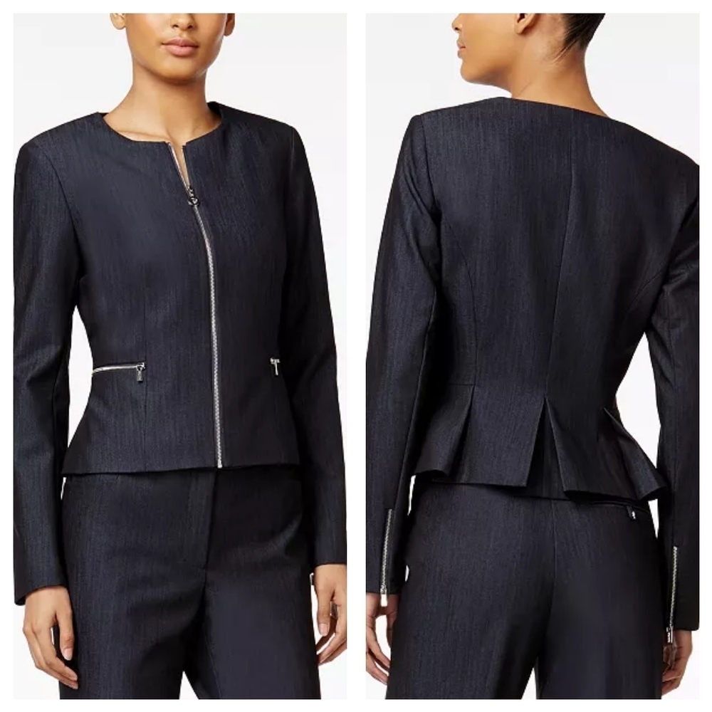Calvin Klein Peplum Back Denim Blazer Sz 4 Gray Business Corporate Office